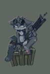  ambiguous_gender anthro assault_rifle bra canid canine clothing crate daum eyewear glasses gun hi_res m16 mammal pawpads ranged_weapon rifle round_glasses simple_background sitting solo underwear weapon 