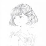  1girl absurdres artist_name bow brain collarbone commentary_request exposed_brain frills graphite_(medium) greyscale highres monochrome original portrait sato_(osappun) short_hair sleeveless smile solo traditional_media upper_body 
