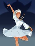  1girl absurdres aobito_sukoyaka_bystander arm_up blonde_hair breasts brown_eyes commentary_request covered_nipples dancing dark-skinned_female dark_skin dress flower flower_wreath foot_out_of_frame freckles gundam head_wreath highres jewelry lips looking_at_viewer medium_breasts miashei_kune necklace no_bra one_eye_closed parted_lips signature silhouette solo standing standing_on_one_leg tooth_necklace turn_a_gundam turn_a_gundam_(mobile_suit) white_dress white_flower wide_sleeves 