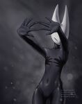  1girl \||/ arthropod_girl black_skin breasts closed_eyes colored_skin commentary completely_nude convenient_censoring double_\||/ english_commentary flat_chest hand_shadow_covering_breasts_(meme) highres hollow_knight hollow_knight:_silksong hornet_(hollow_knight) ishwacha meme navel no_nipples nude one_eye_covered open_hands outstretched_arms shadow shadow_censor shadow_puppet small_breasts solo spread_fingers stomach 