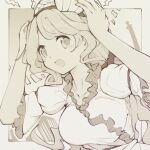  1girl :d blush breasts commentary_request frills hair_ornament hands_on_own_head highres looking_at_viewer medium_breasts monochrome nazawa_(nother) puffy_short_sleeves puffy_sleeves shell shell_hair_ornament short_sleeves simple_background smile solo touhou watari_nina 