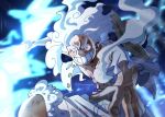  1boy alternate_form blood clenched_teeth commentary gear_fifth hagoromo hat highres iamosix2 incoming_attack monkey_d._luffy one_piece open_clothes open_shirt purple_sash red_eyes sash shawl shorts solo straw_hat teeth thick_eyebrows white_hair white_shorts 