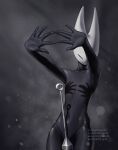  1girl \||/ arthropod_girl black_skin breasts closed_eyes colored_skin commentary convenient_censoring double_\||/ english_commentary flat_chest hand_shadow_covering_breasts_(meme) highres hollow_knight hollow_knight:_silksong hornet_(hollow_knight) ishwacha meme navel needle_(hollow_knight) no_nipples nude one_eye_covered open_hands outstretched_arms shadow shadow_censor shadow_puppet small_breasts solo spread_fingers stomach 