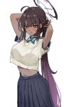  1girl arms_behind_head black_hair blue_archive blue_bow blue_skirt blush bow closed_mouth commentary dark-skinned_female dark_skin freeman_(tkuh4475) halo highres karin_(blue_archive) karin_(school_uniform)_(blue_archive) long_hair midriff official_alternate_costume panties panty_peek pleated_skirt purple_halo shirt skirt solo underwear white_shirt yellow_eyes 