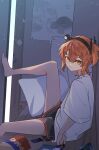  1girl a.i._voice absurdres adachi_rei alternate_costume bag_of_chips barefoot black_shorts closed_mouth commentary_request from_side handheld_game_console highres leg_up listening_to_music looking_at_viewer looking_to_the_side mp3_player nintendo_3ds orange_eyes orange_hair senri_(hrydy_o) shirt short_shorts short_sleeves shorts sitting solo t-shirt utau white_shirt 