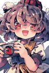  1girl :d brown_hair camera collared_shirt commentary hat highres holding holding_camera looking_at_viewer mame_komari one-hour_drawing_challenge open_mouth pointy_ears pom_pom_(clothes) puffy_short_sleeves puffy_sleeves red_eyes red_hat shameimaru_aya shirt short_hair short_sleeves simple_background smile solo tokin_hat touhou twitter_username upper_body white_background white_shirt wings 