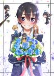  1girl 1other 5boys :d ;q ^_^ absurdres alternate_eye_color aqua_eyes arm_up asuna_(sao) bare_shoulders black_boots black_coat black_hair black_pants blonde_hair blue_flower blue_jacket blue_pants blue_rose blush blush_stickers boots bouquet brown_hair chibi chibi_inset closed_eyes coat collared_shirt commentary_request double-parted_bangs dress eugeo flower grey_jacket grey_wings grin hair_between_eyes hands_up highres holding holding_bouquet jacket kirito kirito_(sao-alo) kirito_(sao-ggo) long_dress long_hair long_sleeves looking_at_another looking_at_viewer male_focus miniskirt multiple_boys necktie official_alternate_costume one_eye_closed open_clothes open_coat open_jacket open_mouth own_hands_together pants party_popper purple_eyes red_necktie red_ribbon red_skirt ribbon rose sao_survivor_school_uniform sarasara_shoyu school_uniform shirt short_hair sitting_on_another's_shoulder skirt smile solo_focus standing_on_another's_shoulder straight_hair sword_art_online sword_art_online:_alicization thighhighs tongue tongue_out trap white_boots white_dress white_shirt white_thighhighs wings zettai_ryouiki 