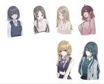  6+girls 7saki :d ahoge alternate_hairstyle art_study black_skirt black_vest blonde_hair blue_bow blue_bowtie blue_ribbon blunt_bangs blush bob_cut bow bowtie braid breasts brown_eyes brown_hair camisole closed_mouth coat collared_shirt commentary_request cropped_torso flat_chest fujita_kotone gakuen_idolmaster green_hair green_shirt grey_eyes grey_hair grey_jacket hair_intakes hair_ornament hair_study hairclip hanami_saki hataya_misuzu hatsuboshi_gakuen_school_uniform highres idolmaster jacket kuramoto_china large_breasts light_smile long_hair long_sidelocks long_sleeves looking_at_viewer medium_breasts medium_hair messy_hair multiple_girls neck_ribbon official_alternate_costume open_clothes open_coat open_jacket parted_bangs partially_open_jacket pink_jacket plaid_bow plaid_bowtie plaid_clothes plaid_jacket ribbon school_uniform shinosawa_hiro shirt shirt_tucked_in short_sleeves sidelocks simple_background sketch skirt small_breasts smile straight_hair tented_shirt tsukimura_temari twin_braids upper_body vest white_background white_camisole white_shirt yellow_coat 