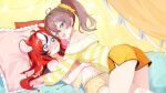  2girls :d absurdres ahoge animal_ears aqua_eyes ass babydoll black_streaks blue_eyes blush bright_pupils brown_hair commentary double-parted_bangs felixkohai frilled_shorts frills girl_on_top hair_between_eyes hakos_baelz hakos_baelz_(strawberry_onesie) highres hololive jacket long_sleeves looking_at_viewer lying medium_hair mouse_ears mouse_girl multicolored_hair multiple_girls natsuiro_matsuri natsuiro_matsuri_(matsuri's_day_off) navel official_alternate_costume on_back open_mouth orange_shorts polka_dot polka_dot_shorts red_hair scrunchie short_shorts shorts side_ponytail smile stomach streaked_hair striped_clothes striped_jacket teeth untranslatable_commentary upper_teeth_only virtual_youtuber wavy_mouth white_pupils white_streaks yellow_babydoll yellow_jacket yellow_scrunchie yellow_shorts yuri 
