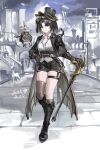  1girl absurdres alternate_universe animal_ears arknights black_boots black_hair black_hat black_jacket black_shorts blouse bob_cut boots breasts bright_pupils brown_gloves brown_thighhighs cane cat_ears cat_girl city cleavage closed_mouth collared_shirt commentary_request cropped_jacket dated day drone full_body garter_straps gloves goggles goggles_on_head green_eyes hair_ornament hand_on_cane hand_on_own_hip hat highres holding holding_cane jacket knee_boots looking_at_viewer making-of_available mandragora_(arknights) medium_breasts open_clothes open_shirt outdoors parted_bangs partially_unbuttoned sett shirt short_hair short_shorts shorts signature single_garter_strap single_thighhigh skindentation smile solo standing steampunk thigh_strap thighhighs thighs top_hat underbust white_pupils white_shirt yitai_zhi_meng 
