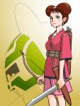  1boy 1girl aobito_sukoyaka_bystander arrow_(projectile) asymmetrical_dual_wielding belt_pouch bow_(weapon) brown_hair closed_mouth commentary_request dual_wielding earrings feet_out_of_frame green_eyes gundam hairstyle_request helmet highres holding holding_bow_(weapon) holding_sword holding_weapon jewelry mayalito multiple_weapons necklace pink_shorts pink_tunic pouch quiver quoatl sheath short_hair short_sword shorts signature standing sword tassel tassel_earrings tunic turn_a_gundam unsheathed weapon 