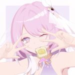  1girl border bread bread_slice breasts cleavage commentary_request diamond-shaped_pupils diamond_(shape) double_w elysia_(herrscher_of_human:_ego)_(honkai_impact) elysia_(honkai_impact) food food_in_mouth hair_ornament honkai_(series) honkai_impact_3rd long_hair looking_at_viewer medium_breasts mouth_hold multicolored_hair one_eye_closed pink_hair purple_background purple_eyes solo symbol-shaped_pupils toast toast_in_mouth triquetra two-tone_hair upper_body w white_border white_hair xyneverseparate 