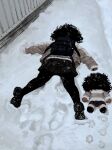  1girl absurdres backpack bag black_hair black_pantyhose black_shoes brown_coat brown_gloves casato character_doll coat commentary curly_hair doll ellie_(casato) english_commentary face_down footprints gloves highres medium_hair original outdoors pantyhose photo-referenced pleated_skirt shipping_container shoes skirt snow snow_on_head snowing solo winter_clothes 