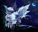  absol claws commentary_request crescent feathered_wings feathers highres horns looking_up mega_absol mega_pokemon moon night no_humans okame_miko open_mouth pokemon pokemon_(creature) pokemon_focus red_eyes sky solo sparkle star_(sky) wings 