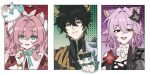  1boy 2girls ^_^ absurdres alternate_form animal_ear_fluff animal_ears animal_nose animalization aqua_bow aqua_bowtie aqua_eyes armor black_dress black_flower black_fur black_shirt blue_eyes blush blush_stickers border bow bowtie bright_pupils cat_ears cat_girl chimera_(honkai:_star_rail) chinese_clothes claws closed_eyes clothing_cutout coat collared_dress commentary covered_collarbone creature crown dan_heng_(honkai:_star_rail) dan_heng_(permansor_terrae)_(honkai:_star_rail) dan_heng_(toasty_dragon)_(honkai:_star_rail) dragon_boy dragon_horns dress drill_hair earclip empty_eyes evernight_(honkai:_star_rail) eyeliner eyepatch fins fish_tail flower flower_ornament gauntlets gradient_background green_background green_eyes hair_flower hair_ornament hairclip half-closed_eyes hand_up hat hat_ornament highres honkai:_star_rail honkai_(series) horns horse_ears horse_tail hyacine_(honkai:_star_rail) kemonomimi_mode lapels little_ica_(honkai:_star_rail) long_hair long_sleeves looking_at_another makeup march_7th_(honkai:_star_rail) medium_hair multiple_girls open_mouth otter_ears outside_border papajay_(jennygin2) pegasus person_and_animalization pet pink_background pink_hair pointy_ears polka_dot polka_dot_background pom_pom_(clothes) pom_pom_hair_ornament puritan_collar purple_background red_dress red_eyeliner red_eyes red_flower red_hat shark_tail shirt shoulder_armor shoulder_cutout sidelocks single_bare_shoulder smile sparkling_eyes tail teeth tongue turtleneck turtleneck_dress twintails two-tone_dress two-tone_fur untranslatable_commentary upper_body wavy_hair white_border white_coat white_dress white_fur white_horns white_pupils wings yellow_pupils zipper 