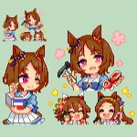 1girl animal_ears blush breasts brown_hair commentary_request hair_ornament horse_ears horse_girl horse_tail keykey117117 long_hair looking_at_viewer lowres multiple_girls open_mouth pink_eyes pixel_art purple_eyes sakura_laurel_(umamusume) shirt short_hair smile solo tail umamusume victory_club_(umamusume) 
