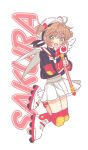  1girl :d antenna_hair black_shirt blush_stickers bow brown_hair cardcaptor_sakura character_name commentary elbow_gloves fingerless_gloves full_body fuuin_no_tsue gloves green_eyes hair_bow hat kinomoto_sakura knee_pads kuroan looking_at_viewer magical_girl open_mouth red_gloves roller_skates sailor_collar school_uniform shirt short_twintails simple_background skates smile solo tomoeda_elementary_school_uniform twintails untranslatable_commentary white_background white_hat white_sailor_collar white_shirt 