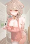 1girl animal_ear_fluff animal_ears apron arm_behind_back bandaid bandaid_on_breast bandaid_on_leg bandaid_on_thigh bell black_choker blurry blurry_background blush braid breasts brown_hair choker cleavage colored_inner_hair commentary_request cowboy_shot extra_ears fang fox_ears fox_girl fox_tail frilled_apron frills furrowed_brow hair_intakes hair_ornament hairclip highres holding holding_ladle indoors jingle_bell ladle large_breasts legs_together long_hair looking_at_viewer mayu_shirasaki multicolored_hair naked_apron neck_bell open_mouth original parallel_hairclips pink_apron pink_hair red_eyes side_braid skin_fang solo sorotu standing tail thighhighs two-tone_hair white_thighhighs 