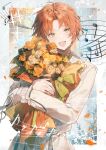  1boy :d absurdres bouquet ensemble_stars! fang flower gao_wu highres holding holding_bouquet jacket long_sleeves male_focus musical_note open_mouth orange_flower orange_hair orange_rose rose short_hair smile solo tsukinaga_leo watermark white_jacket yellow_eyes 
