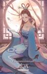  1girl absurdres animal bare_shoulders blue_dress blue_eyes book braid breasts brown_hair cleavage closed_mouth commentary commission dress english_commentary fins fish flying_fish forehead full_body hair_ornament hair_pulled_back hair_rings hair_stick hand_up head_fins highres holding holding_book indoors jewelry liang_jiou long_hair long_sleeves medium_breasts merfolk mermaid monster_girl necklace open_book original reading single_braid sitting smile solo watermark wide_sleeves 