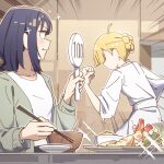  2girls alternate_costume alternate_hairstyle auklet5580 black_hair blonde_hair bowl cho_kaguya-hime! chopsticks collarbone commentary eating fist_pump food green_eyes hair_up highres holding holding_chopsticks holding_sign kaguya_(cho_kaguya-hime!) long_sleeves looking_at_another medium_hair multiple_girls sakayori_iroha score shirt shrimp shrimp_tempura sign sparkle tempura untranslatable_commentary white_shirt 