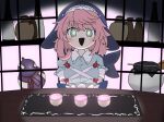  1girl animal_hat arms_behind_back black_mouth blue_hat blue_shirt breasts bright_pupils choko_(cup) commentary_request cup gourd green_eyes hat highres large_breasts looking_at_viewer medium_hair okunoda_miyoi open_mouth parody pink_hair pukey_goddess_shot_trick purabird0370 shirt smile solo tokkuri touhou upper_body whale_hat white_pupils 
