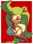  1girl artist_name colored_eyelashes colored_skin e_eee_g eyelashes green_hair half-closed_eyes highres long_hair monster_girl outside_border pink_skin plant_girl pokemon pokemon_(creature) pokemon_focus red_background solo tsareena white_skin 
