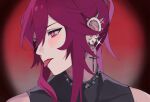  1boy barbell_piercing black_collar black_shirt blush collar commentary_request cross cross_earrings dress ear_piercing earrings ensemble_stars! glint hair_between_eyes highres industrial_piercing jewelry long_hair looking_to_the_side madoka_nozomi male_focus piercing pink_eyes ponytail portrait purple_hair qi_(fish_s_1) red_background shirt sleeveless sleeveless_dress solo spike_piercing spiked_collar spikes tongue tongue_out tongue_piercing vignetting 