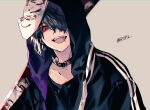  1boy baseball_bat belt_collar black_choker black_jacket black_shirt blood blood_on_mask blood_on_weapon blue_hair choker chromatic_aberration collar commentary_request dot_nose ear_piercing eyes_visible_through_hair face_piercing fangs fox_mask hair_over_one_eye holding holding_baseball_bat jacket mask mouth_piercing open_mouth original piercing red_eyes rip2 shirt simple_background solo t-shirt teeth twitter_username upper_teeth_only weapon 