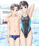  1boy 1girl absurdres age_difference arm_around_shoulder bench black_hair black_one-piece_swimsuit blue_male_swimwear blurry blurry_background breasts brother_and_sister brown_eyes cameltoe collarbone commentary_request competition_swimsuit covered_navel grey_hair grin height_difference highleg highleg_one-piece_swimsuit highres indoors lane_line large_variant_set looking_at_viewer male_swimwear multicolored_swimsuit one-piece_swimsuit onee-shota original pool short_hair siblings small_breasts smile standing string_of_flags swim_briefs swimsuit takafumi variant_set 