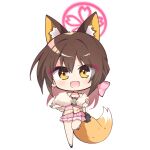  1girl :d animal_ear_fluff animal_ears bag bare_shoulders black_bag black_shoes blue_archive blush bow brown_hair chibi chibi_only chinese_commentary choker commentary_request dress eyes_visible_through_hair eyeshadow fake_tail fang fox_ears fox_girl fox_shadow_puppet full_body fur_shawl fuyou_lev hair_between_eyes hair_bow half_updo halo handbag hands_up happy highres izuna_(blue_archive) izuna_(dress)_(blue_archive) komowata_haruka_(style) looking_at_viewer makeup medium_hair official_alternate_costume official_alternate_hairstyle open_mouth pink_bow pink_choker pink_dress pink_halo pleated_dress red_eyeshadow shawl shoes short_dress sidelocks simple_background skin_fang sleeveless sleeveless_dress smile solo spaghetti_strap standing standing_on_one_leg tail white_background yellow_eyes 