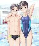  1boy 1girl absurdres age_difference arm_around_shoulder bench black_hair black_male_swimwear blue_one-piece_swimsuit blurry blurry_background breasts brother_and_sister brown_eyes cameltoe collarbone commentary_request competition_swimsuit covered_navel grey_hair grin height_difference highleg highleg_one-piece_swimsuit highres indoors lane_line large_variant_set looking_at_viewer male_swimwear multicolored_swimsuit one-piece_swimsuit onee-shota original pool short_hair siblings small_breasts smile standing string_of_flags swim_briefs swimsuit takafumi variant_set 