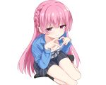  >:) 1girl absurdres black_skirt black_socks blue_jacket blunt_bangs blush braid breasts chinese_commentary closed_mouth commentary_request eyelashes four-finger_heart_hands full_body fuyou_lev hair_between_eyes hands_up heart heart_hands highres jacket long_hair long_sleeves looking_at_viewer miniskirt mitsukasa_ayase no_shoes open_clothes open_jacket pink_hair purple_eyes riddle_joker shirt side_braid sidelocks simple_background sitting skirt small_breasts smile smug socks solo split_mouth straight_hair striped_clothes striped_skirt thigh_gap thighs transparent_background v-shaped_eyebrows vertical-striped_clothes vertical-striped_skirt very_long_hair wariza white_shirt 