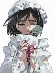  1girl 404-chan_(22_0724) alien_stage black_blood blood broken_heart commentary crying dress gem hat heart heart-shaped_gem highres holding holding_gem looking_down official_alternate_costume parted_lips purple_eyes red_gem short_hair solo sua_(alien_stage) tears tears_from_one_eye white_background white_dress white_hat 