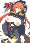 absurdres asymmetrical_gloves black_horns blush breasts bullet commentary_request cropped_hoodie dragon_girl dragon_horns fingerless_gloves gloves gun heart highres hood hoodie horns jacket large_breasts magus_(zenless_zone_zero) mechanical_horns mechanical_tail mismatched_gloves naked_jacket nipples orange_hair orange_pupils orphie_magnusson panties partially_unzipped single_fingerless_glove tail teik0p thighs underwear unfinished weapon wet yellow_gloves yellow_hood yellow_panties zenless_zone_zero zipping 