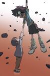  1boy 1girl arm_up arms_up blue_shirt brother_and_sister brown_hair brown_shorts closed_mouth commentary debris digimon digimon_adventure from_side goggles goggles_on_head gradient_background highres holding_hands looking_at_another looking_down looking_up loose_socks mibo_(mibo0121) open_mouth pants profile rock shirt short_hair short_sleeves shorts siblings socks tiptoes untranslatable_commentary yagami_hikari yagami_taichi 