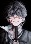  1boy :d aegyo_sal black_eyes black_hair black_jacket black_necktie blood blood_on_face commentary curtained_hair grin gun gun_to_chin half-closed_eyes handgun hands_up highres holding holding_gun holding_weapon imminent_suicide jacket looking_at_viewer male_focus messy_hair necktie original popped_collar shirt short_hair smile solo two-handed upper_body weapon white_shirt yulin14032031 