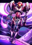  1girl absurdres arm_cannon armor assault_visor clenched_hand dark_suit_(metroid) dutch_angle energy full_armor full_body helmet highres metroid metroid_prime_2:_echoes nebularobo orange_visor power_armor power_suit_(metroid) samus_aran shoulder_armor solo weapon 