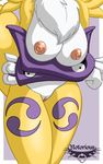  anthro big_thighs breasts canine chest_tuft close-up digimon female fox fur gloves holding_breasts mammal markings nipples notorious notorious84 pinup pose pussy renamon solo standing thick_thighs tuft watermark 
