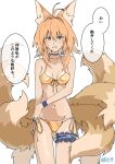  1girl absurdres alternate_costume animal_ear_fluff animal_ears bikini blonde_hair blue_choker blue_eyes blush breasts breasts_apart choker commentary_request cowboy_shot fang fox_ears fox_tail frilled_thigh_strap gold_bikini groin hair_between_eyes highres kakaricho_dairi long_hair looking_at_viewer medium_breasts multiple_tails navel open_mouth side-tie_bikini_bottom simple_background solo stomach swimsuit tail thigh_strap touhou white_background yakumo_ran 