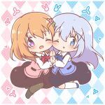  2girls ;d argyle_background black_boots black_skirt blue_bow blue_eyes blue_hair blue_shoes blue_vest blush boots bow brown_hair brown_pantyhose brown_skirt chibi collared_shirt commentary_request employee_uniform gochuumon_wa_usagi_desu_ka? hair_between_eyes hair_ornament hairclip hoto_cocoa kafuu_chino kneehighs long_sleeves mitarashi_neko multiple_girls one_eye_closed pantyhose parted_lips pink_vest puffy_long_sleeves puffy_sleeves purple_eyes rabbit_house_uniform red_bow shirt shoes skirt smile socks vest waitress white_shirt white_socks x_hair_ornament 