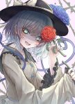  1girl black_hat blouse blue_flower blue_rose bow breasts collared_shirt commentary crystal disembodied_linked_eye eyes_visible_through_hair flower frills glowing glowing_eyes gradient_hair green_eyes green_hair green_skirt grey_hair hair_between_eyes hands_up hat hat_bow hegata_(hegatia_lapis) highres jewelry komeiji_koishi long_sleeves looking_at_viewer medium_breasts multicolored_hair open_mouth pink_background red_flower red_rose rose shaded_face shirt short_hair skirt smile solo teeth tongue touhou untranslatable_commentary white_background wide_sleeves yellow_bow yellow_shirt 