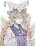  1girl adapted_costume animal_ears animal_hat arms_under_breasts bare_shoulders blonde_hair breasts brooch closed_mouth commentary_request detached_sleeves eyelashes fox_tail frilled_hat frilled_sleeves frills hair_between_eyes hands_in_opposite_sleeves hands_up hat hegata_(hegatia_lapis) highres jewelry kitsune kyuubi large_breasts long_sleeves looking_at_viewer mob_cap multiple_tails ofuda ofuda_on_clothes perfect_cherry_blossom ribbon-trimmed_sleeves ribbon_trim serious short_hair sideboob sidelocks simple_background solo tabard tail tassel touhou upper_body white_background white_hat yakumo_ran yellow_eyes 