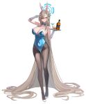  1girl absurdly_long_hair absurdres andamiro animal_ears arm_up asuna_(blue_archive) asuna_(bunny)_(blue_archive) asymmetrical_bangs blue_archive blue_bow blue_bowtie blue_halo blue_leotard bow bowtie breasts cocktail_glass cup detached_collar drinking_glass fake_animal_ears full_body glass_bottle gloves hair_over_one_eye halo highleg highleg_leotard highres holding holding_tray leotard long_hair looking_at_viewer official_alternate_costume pantyhose playboy_bunny rabbit_ears smile solo strapless strapless_leotard thighband_pantyhose traditional_bowtie tray v very_long_hair white_background white_gloves 