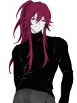  1boy black_shirt chinese_commentary closed_mouth commentary_request cowboy_shot ensemble_stars! grey_pants hair_between_eyes highres long_hair long_sleeves looking_at_viewer madoka_nozomi male_focus pants ponytail qi_(fish_s_1) red_eyes red_hair shirt simple_background smile solo turtleneck turtleneck_shirt v-shaped_eyebrows white_background 