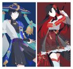  1boy 1girl anemo_symbol_(genshin_impact) arms_at_sides asymmetrical_bangs belt black_bodysuit black_bow black_bridal_gauntlets black_hair black_sash black_shorts black_shrug blue_background blue_cape blue_gem blue_hat blue_jingasa blue_kimono blue_sleeves blunt_ends bodysuit border bow bridal_gauntlets brooch cape character_request choppy_bangs colored_inner_hair commentary commission curtained_hair ddyanx2 earrings faceless faceless_female faceless_male facing_viewer feather_hair_ornament feathers fingerless_gloves floating floating_object floating_weapon flower frilled_skirt frills furisode gem genshin_impact gloves gold gold_belt grey_skirt grey_sleeves hair_flower hair_intakes hair_ornament hakama hakama_shorts hat highres holding holding_polearm holding_weapon japanese_clothes jewelry jingasa juban kimono layered_skirt layered_sleeves long_hair mandarin_collar medium_skirt multicolored_hair no_eyes no_mouth off_shoulder open_clothes open_hand open_kimono original over-kneehighs pleated_shorts plum_blossoms polearm pom_pom_(clothes) purple_rope purple_sash pyro_symbol_(genshin_impact) red_background red_flower red_gem red_hair red_skirt rope sash scaramouche_(genshin_impact) second-party_source see-through_clothes see-through_skirt see-through_sleeves short_sleeves shorts shoulder_peek shrug_(clothing) side_cape skirt socks tassel thigh_strap thighhighs tulaytullah's_remembrance_(genshin_impact) two-tone_background untranslatable_commentary vision_(genshin_impact) wanderer_(genshin_impact) weapon weapon_on_back weapon_tassel white_border white_gloves white_kimono white_skirt white_sleeves white_socks yellow_feathers 
