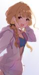  1girl absurdres bikini bikini_under_clothes blonde_hair blue_bikini braid breasts brown_eyes collarbone commentary_request fujita_kotone gakuen_idolmaster hand_up highres idolmaster jacket looking_at_viewer medium_breasts open_mouth smile solo swimsuit user_jjtc5387 white_jacket 