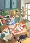  ._. 1boy 3girls :d :o animal apron black-framed_eyewear black_cat blue_shirt bottle bowl brown_hair cabinet cat chibi chibi_only child commentary cookie cooking cooking_pot dress drink_carton family food fried_egg frying_pan gingerbread_man glasses green_dress highres holding holding_bowl holding_tray holding_whisk indoors kitchen korean_commentary long_hair long_sleeves looking_at_food milk_carton multiple_girls open_mouth orange_hair original outstretched_arms oven pet plant potted_plant rectangular_eyewear red_shirt reinforced sandwich shelf shirt short_hair sleeping_animal slice_of_life smile spread_arms standing star_(symbol) stove table tomato tray v-shaped_eyebrows very_short_hair whisk white_apron yellow_dress 