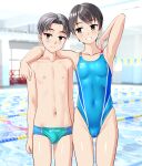  1boy 1girl absurdres age_difference arm_around_shoulder bench black_hair blue_male_swimwear blue_one-piece_swimsuit blurry blurry_background breasts brother_and_sister brown_eyes cameltoe collarbone commentary_request competition_swimsuit covered_navel grey_hair grin height_difference highleg highleg_one-piece_swimsuit highres indoors lane_line large_variant_set looking_at_viewer male_swimwear multicolored_swimsuit one-piece_swimsuit onee-shota original pool short_hair siblings small_breasts smile standing string_of_flags swim_briefs swimsuit takafumi variant_set 