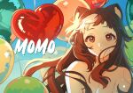  1girl absurdres ahoge balloon blue_background breasts brown_hair cleavage commentary_request heart_balloon highres indie_virtual_youtuber long_hair looking_at_viewer momote momote_(vtuber) multicolored_hair red_eyes skunk_ears skunk_girl virtual_youtuber white_hair 